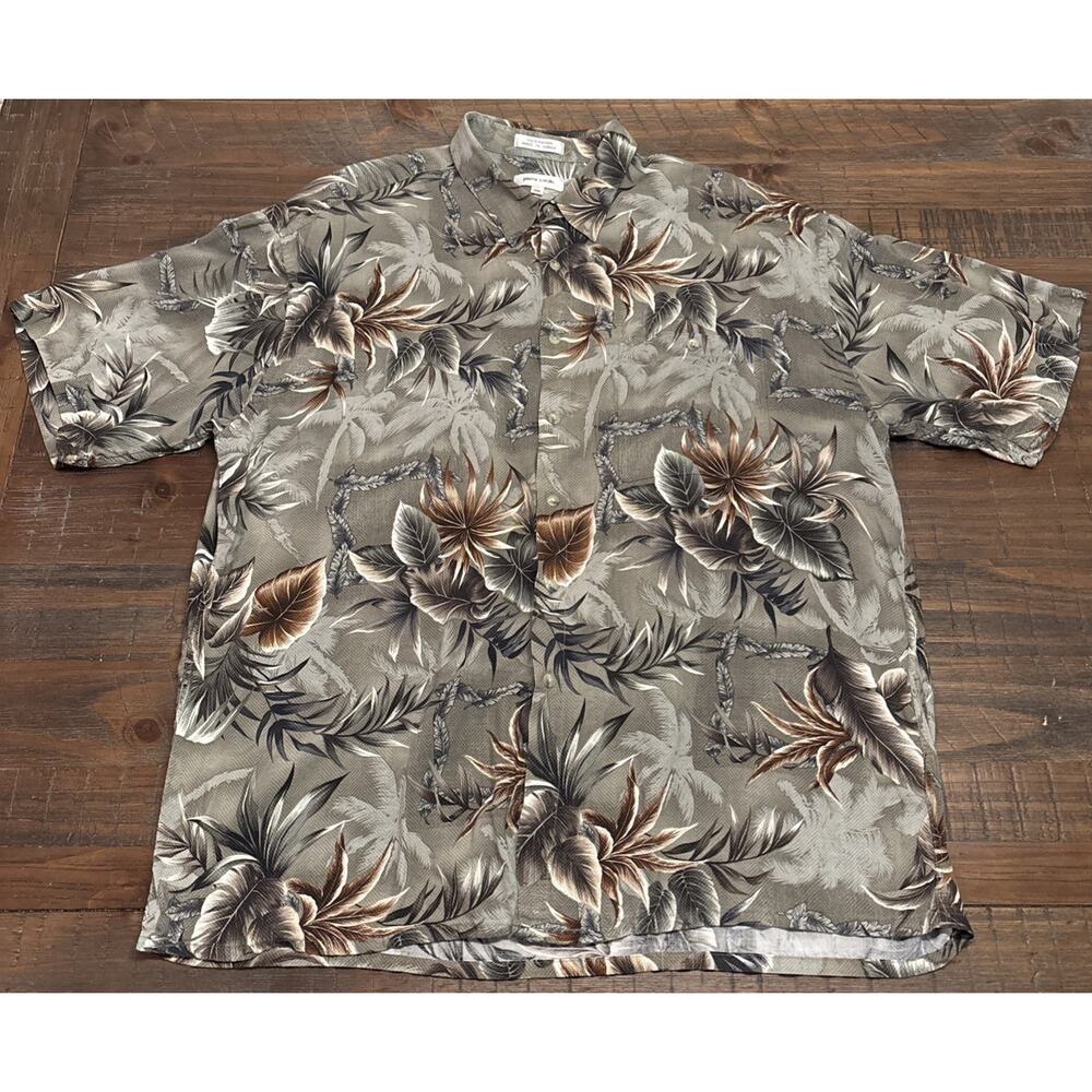 Pierre Cardin Sage Green Tropical Hawaiian Leaf Pineapple Shirt Men's XXL
